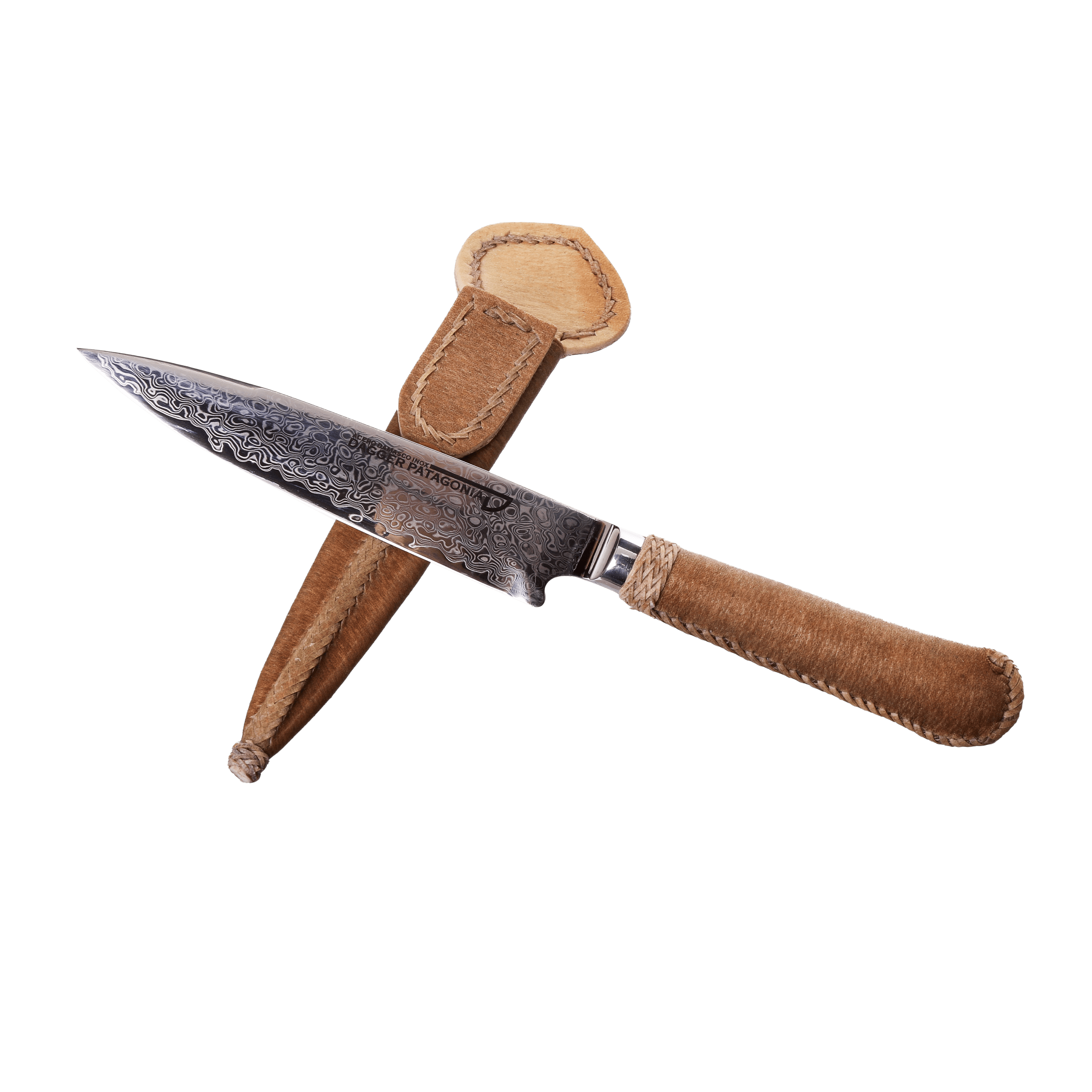 Cuchillo de Acero Damasco +Vg10 Cabo Cuero Sobado con Virola de Alpaca