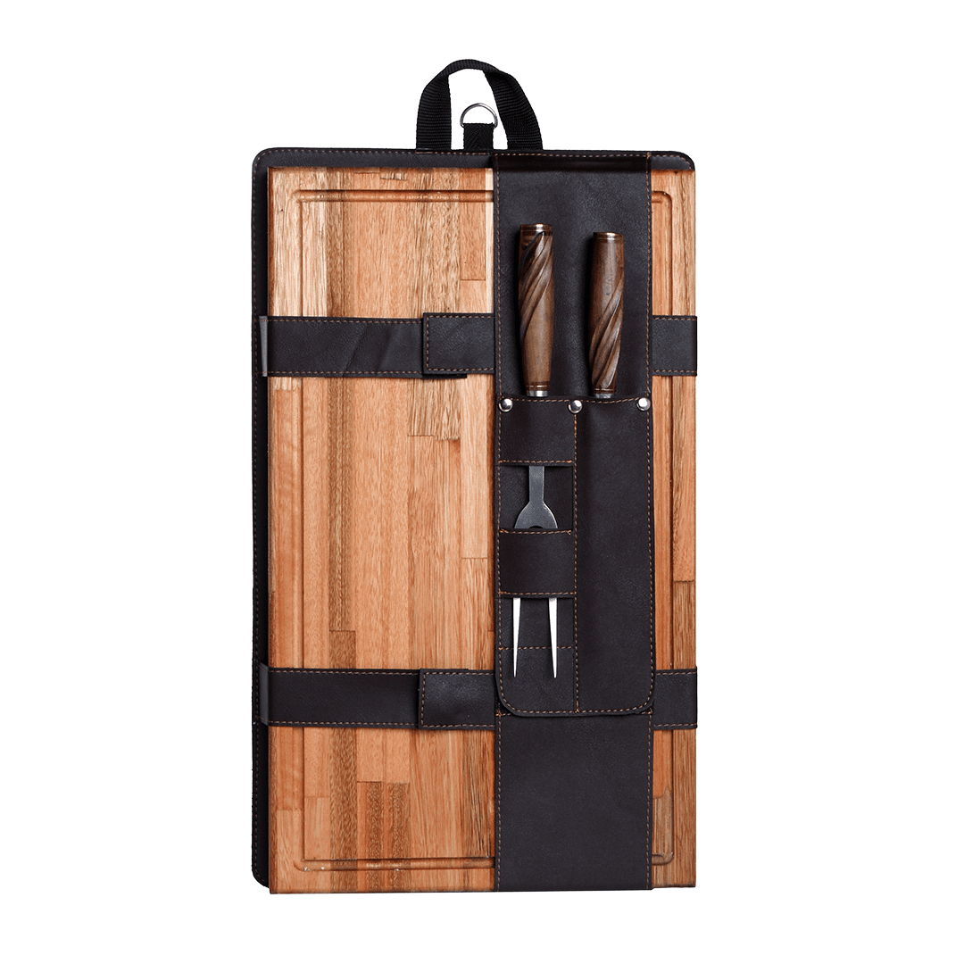 Combo Parrillero Con Tabla y Juego de Trinchar Con Cabo de Madera