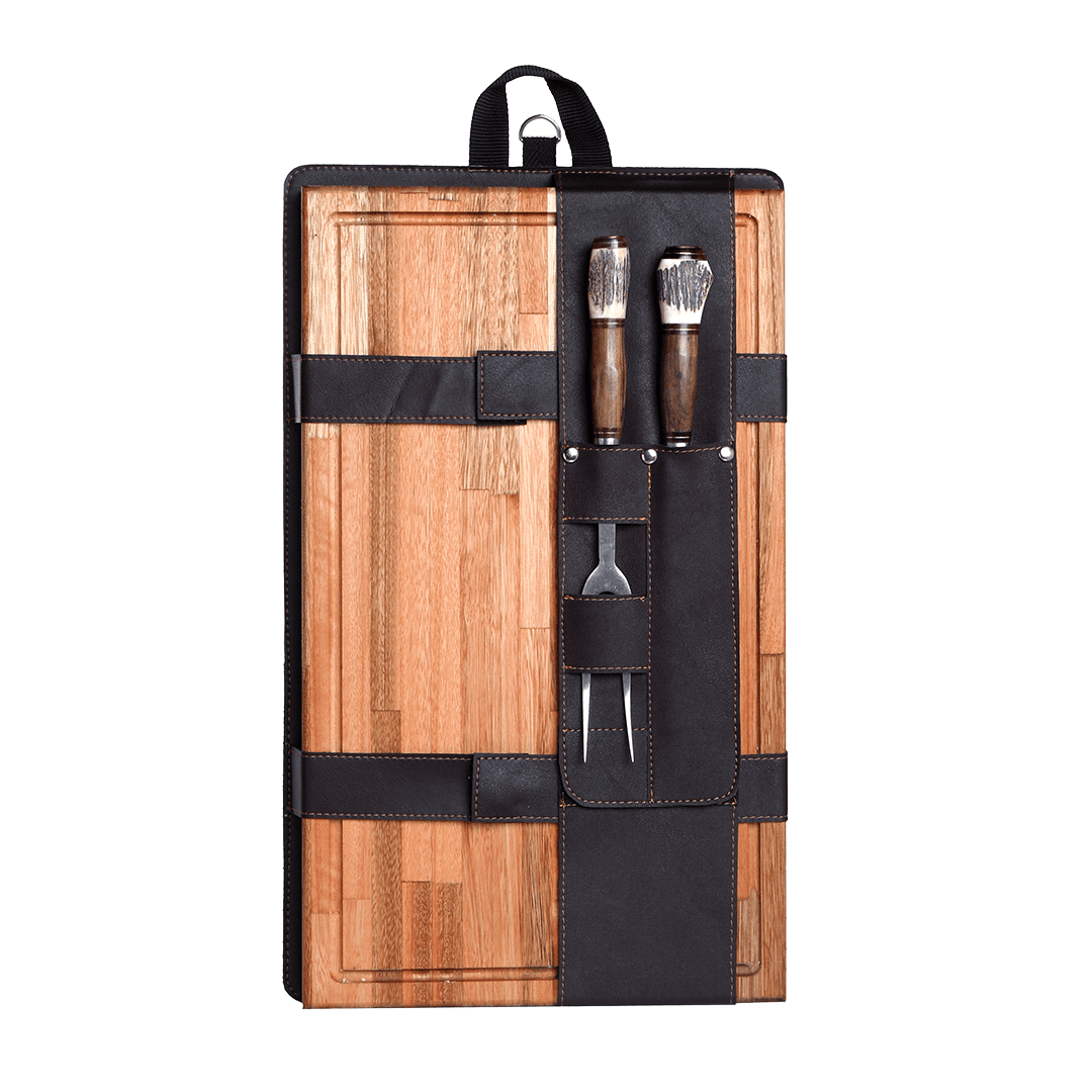 Combo Parrillero Con Tabla y Juego de Trinchar Con Cabo Combinado Ciervo y Madera