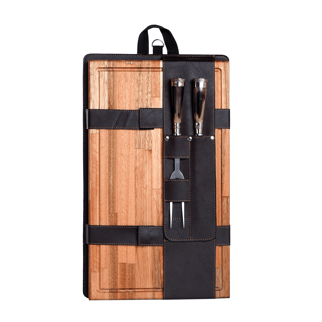 Combo Parrillero Con Tabla y Juego de Trinchar Con Cabo Asta de Vaca