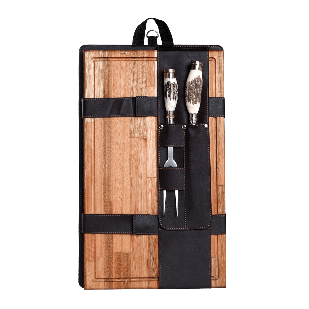 Combo Parrillero Con Tabla y Juego de Trinchar Con Cabo Asta de Ciervo