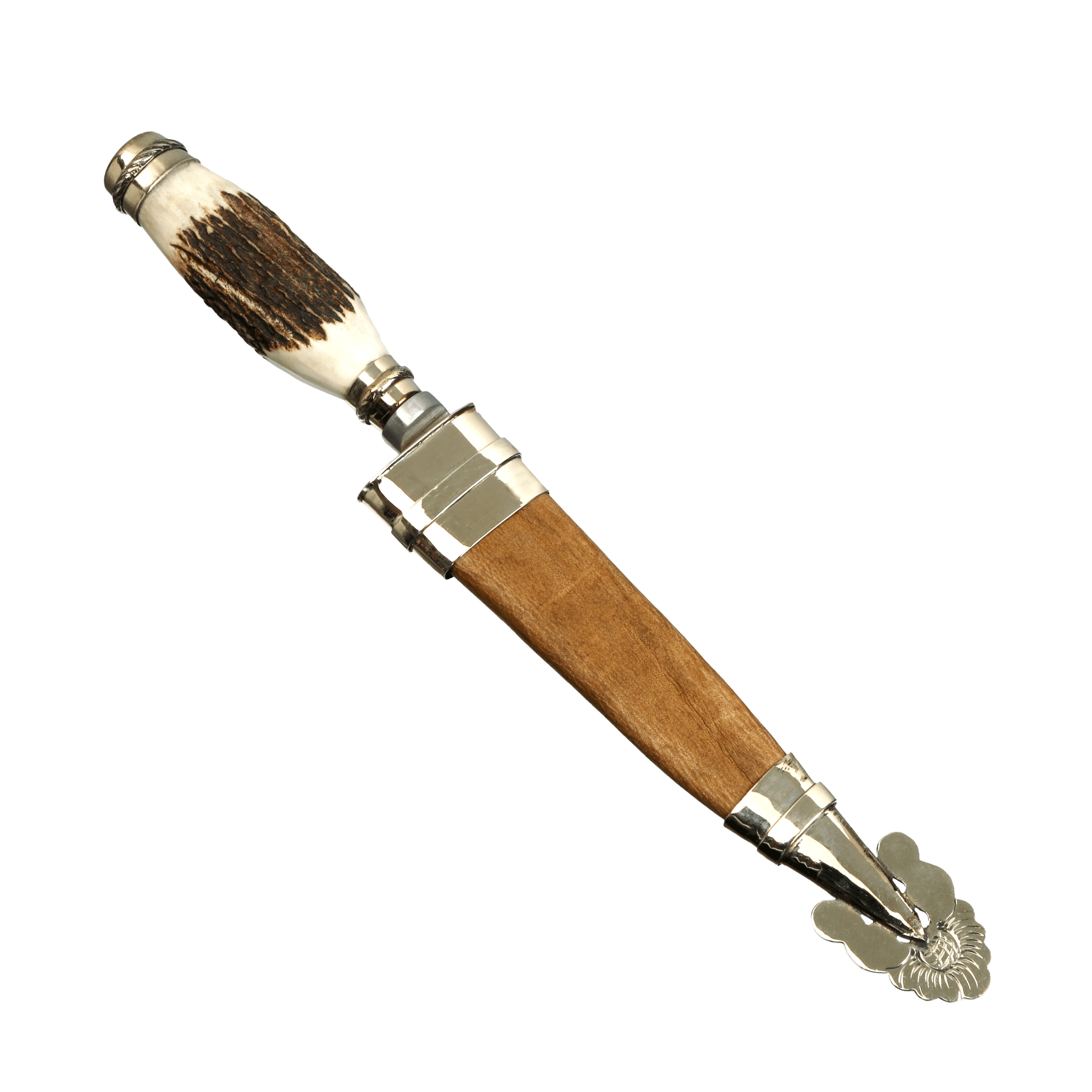 Facon en Asta de Ciervo y Alpaca con Vaina Picasa de Cuero Crudo 14 cm