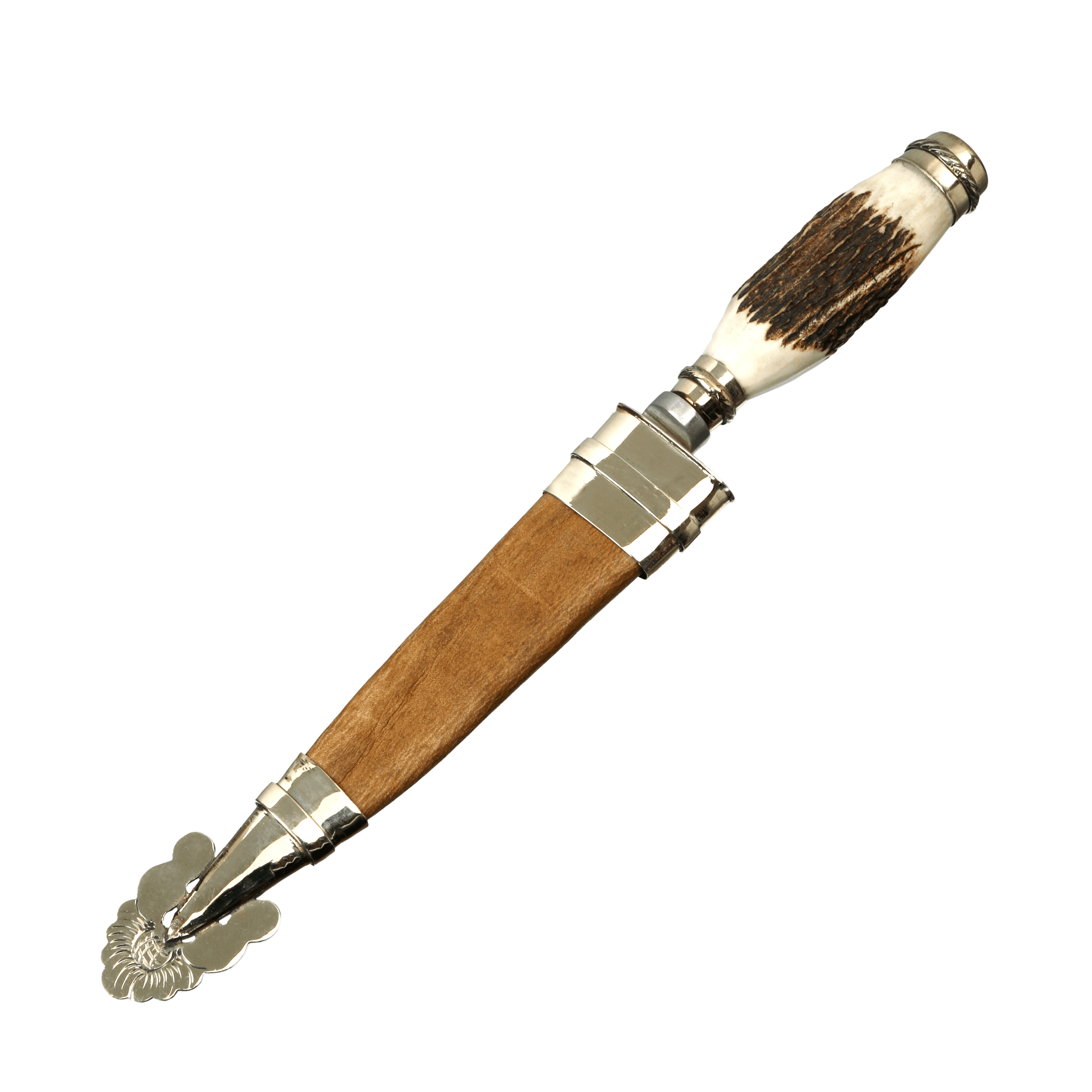 Facon en Asta de Ciervo y Alpaca con Vaina Picasa de Cuero Crudo 14 cm