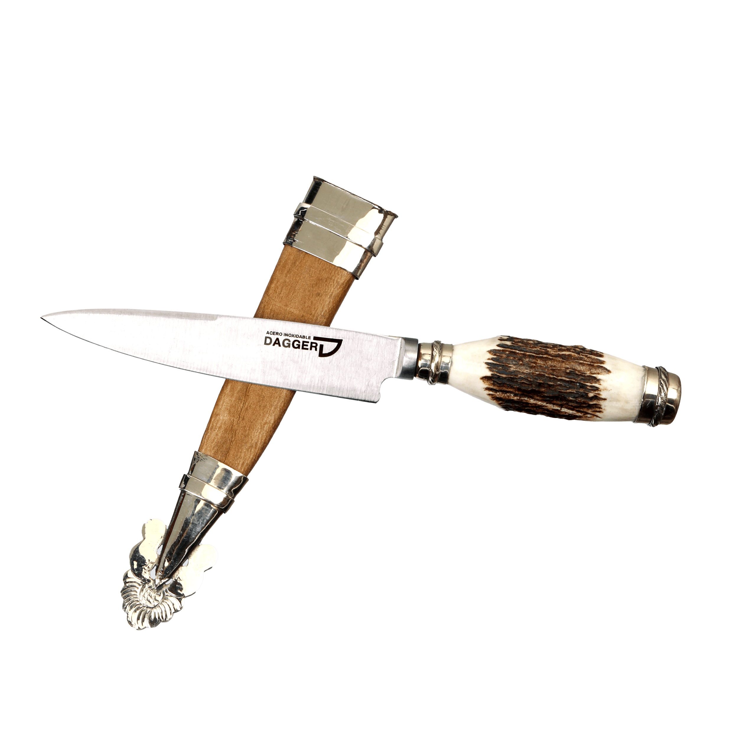 Facon en Asta de Ciervo y Alpaca con Vaina Picasa de Cuero Crudo 14 cm