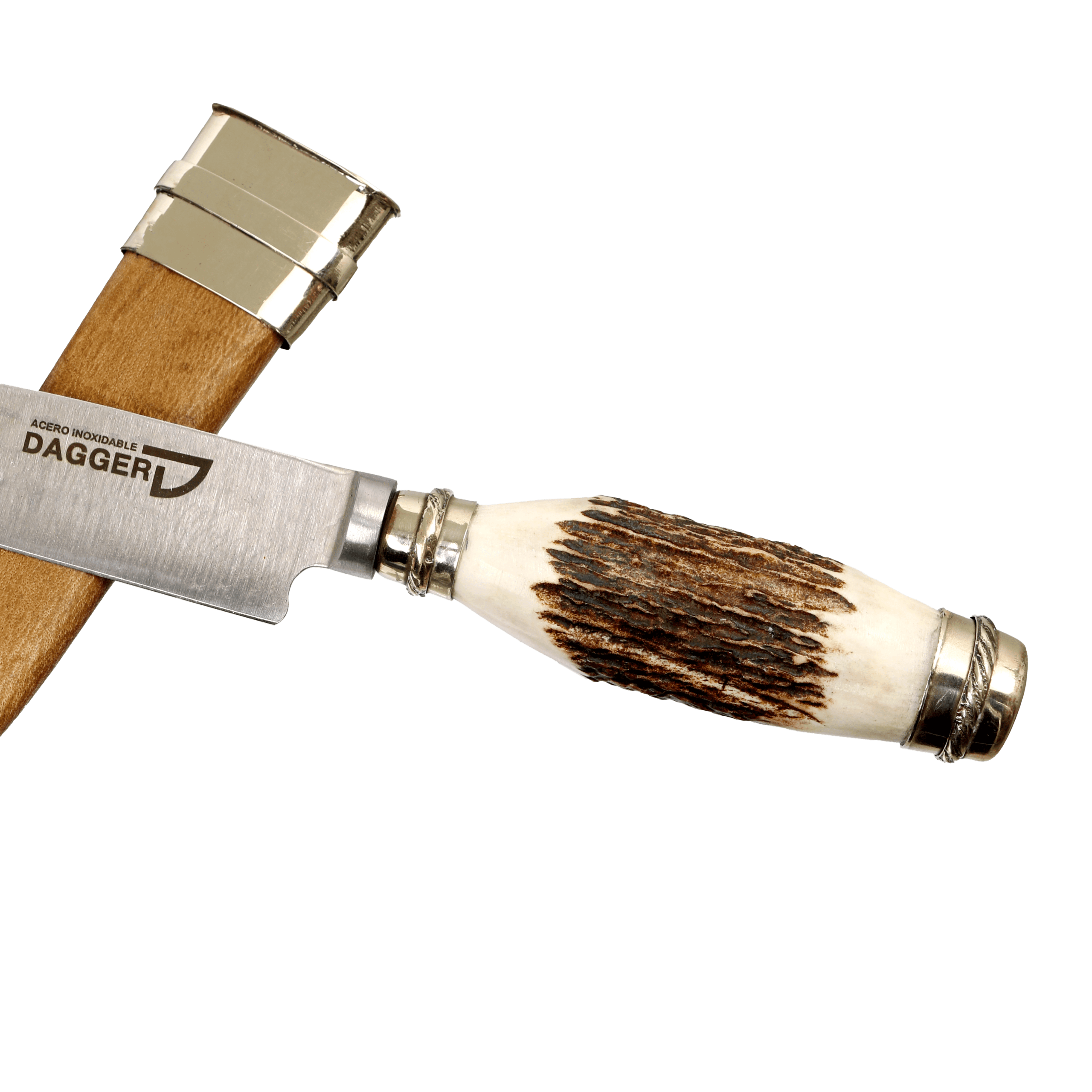 Facon en Asta de Ciervo y Alpaca con Vaina Picasa de Cuero Crudo 14 cm