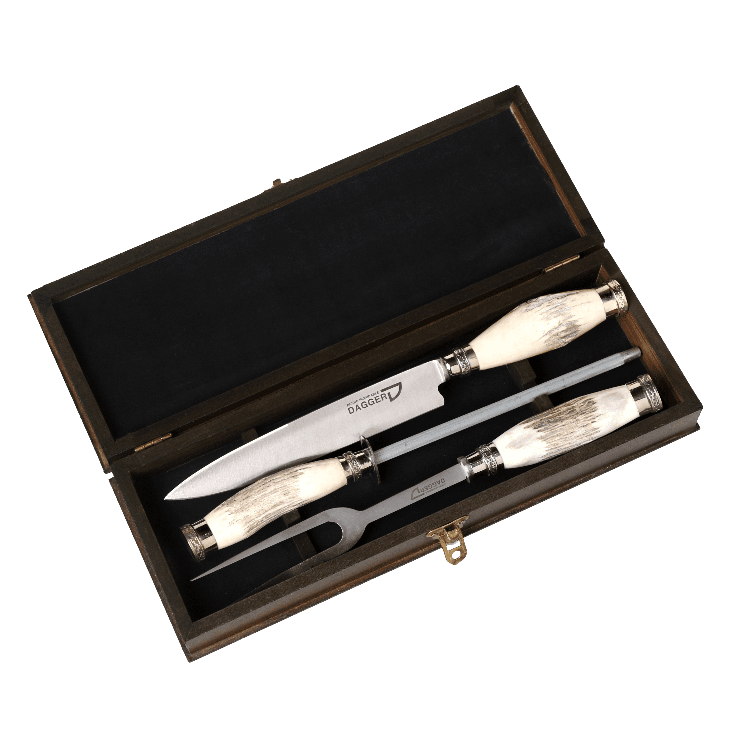 Juego de Trinchar Cabo Ciervo y Alpaca con Chaira en Caja