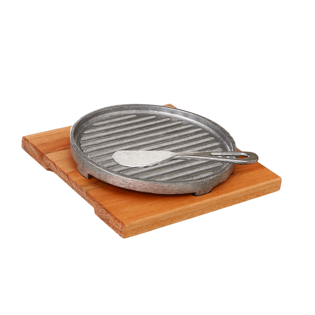 Plato de Sitio con Parrilla Redonda Con Espátula Y Apoyo De Madera