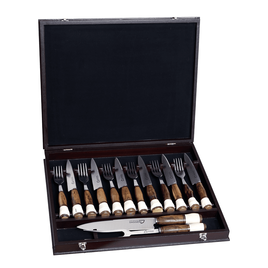 Set de Cubiertos con Juego de Trinchar Hueso y Madera en Caja