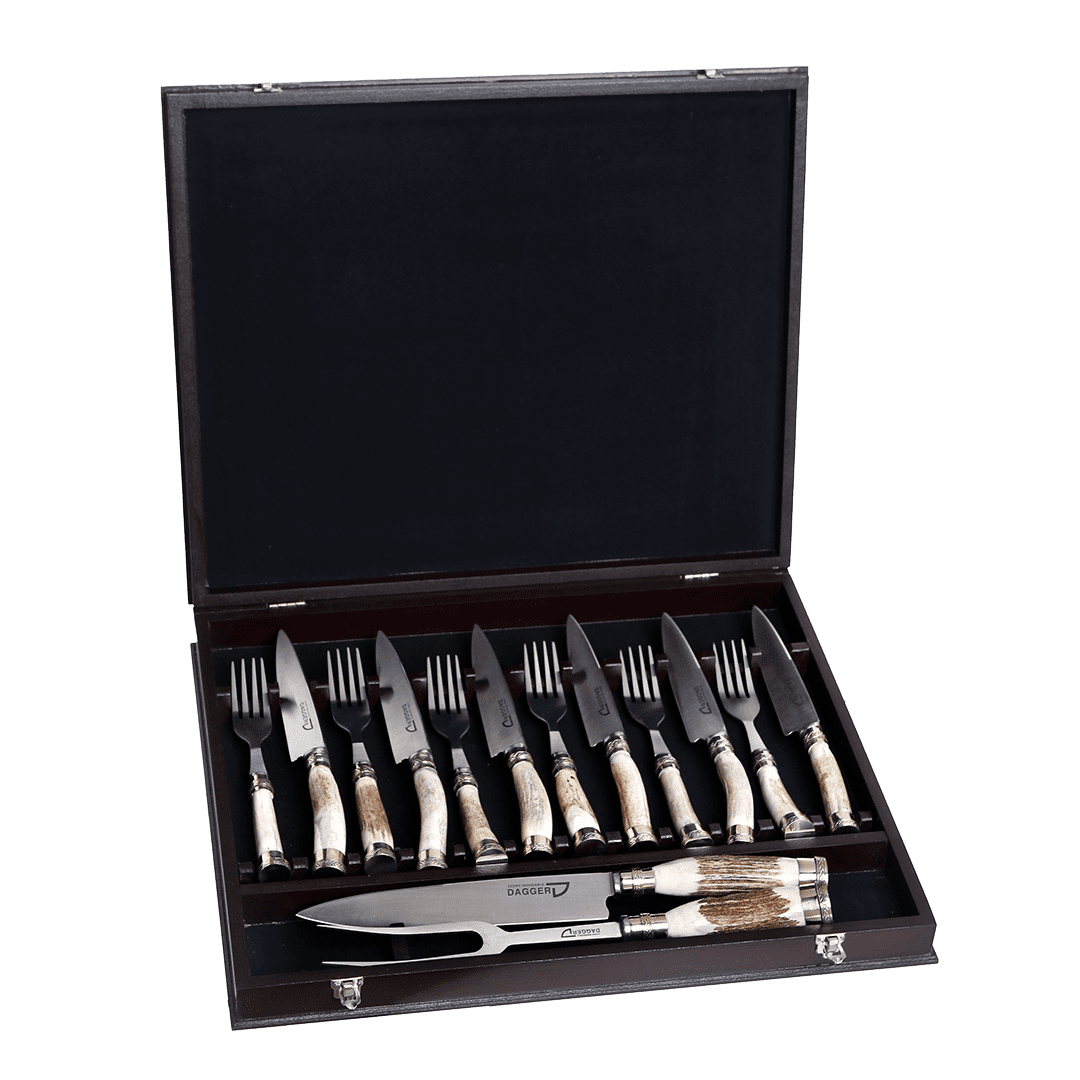 Set de Cubiertos y Juego de Trinchar Cabo Ciervo y Alpaca en Caja