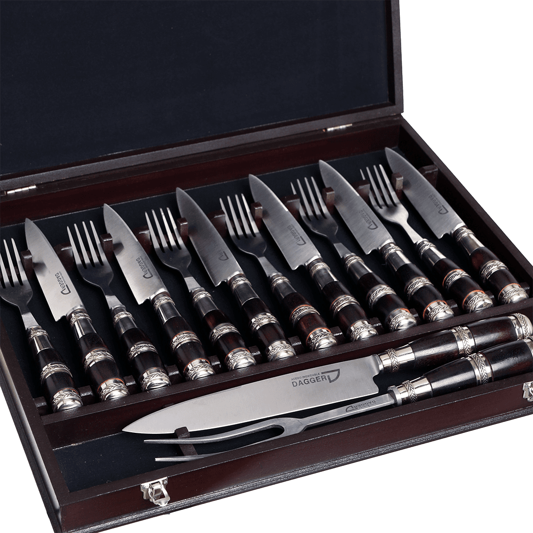 Set de Cubiertos con Juego de Trinchar Cabo Madera y Triple Virola de Alpaca en Caja