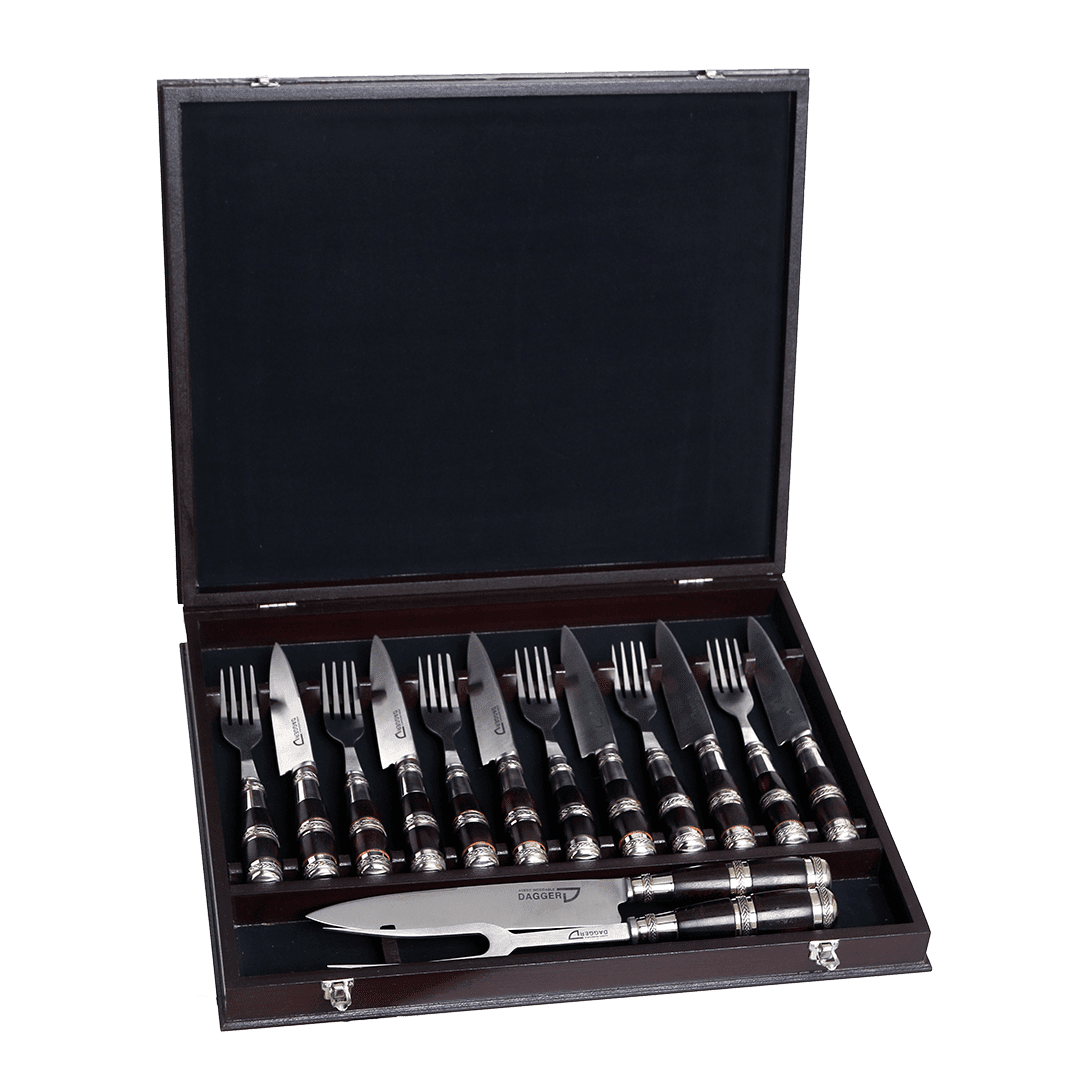 Set de Cubiertos con Juego de Trinchar Cabo Madera y Triple Virola de Alpaca en Caja