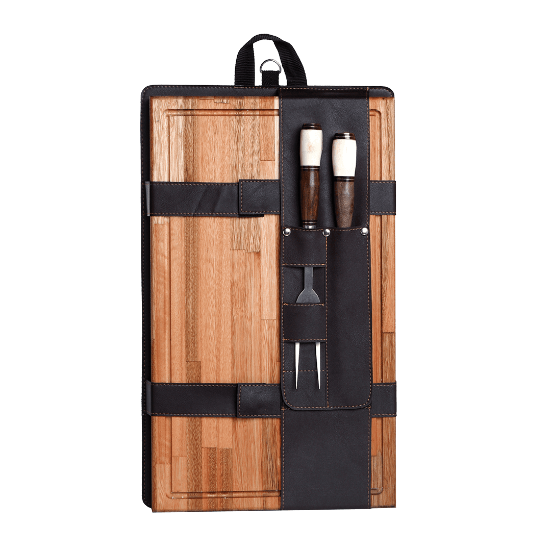 Combo Parrillero Con Tabla y Juego de Trinchar Cabo de Hueso y Madera
