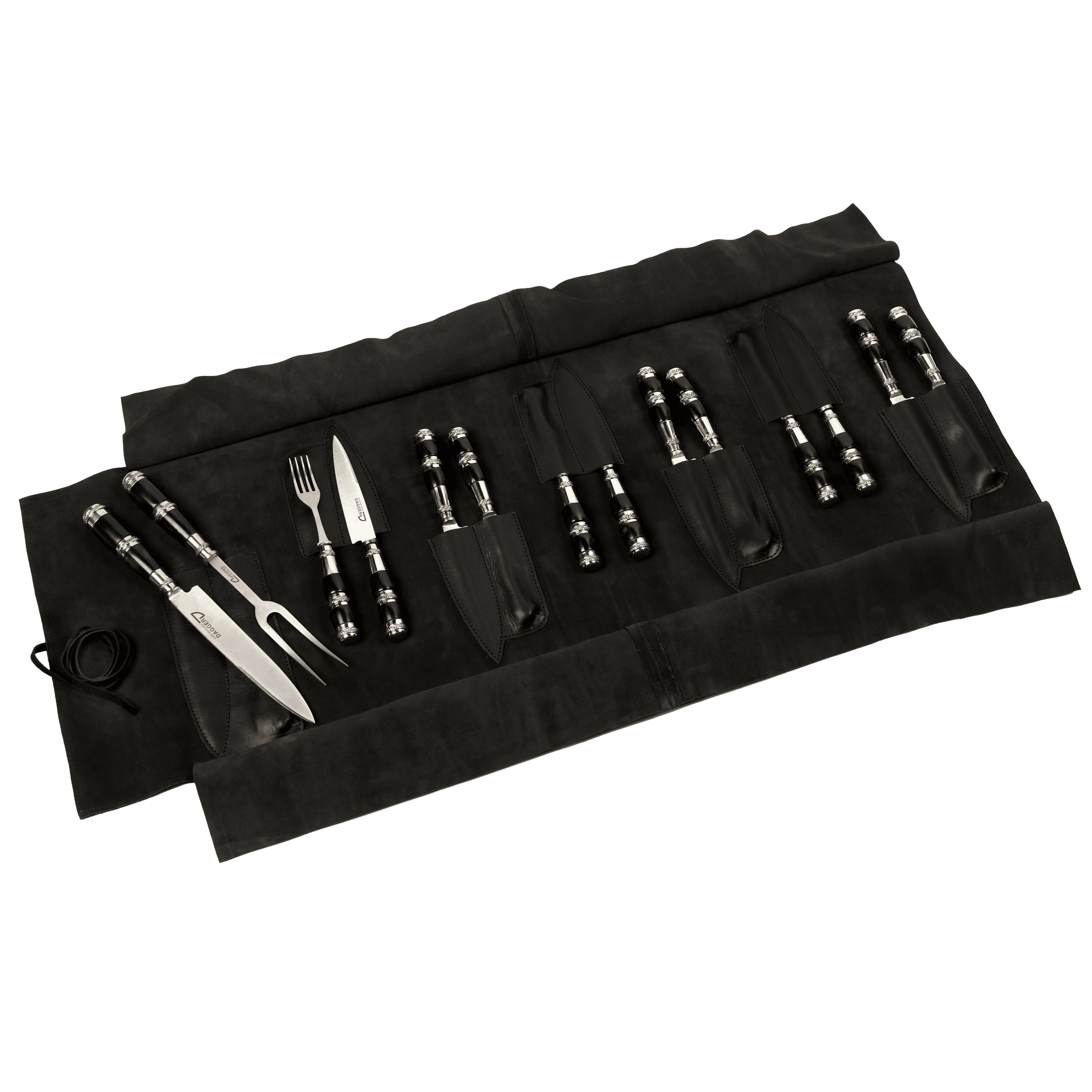 Set de Cubiertos 6 Juegos de Picnic + Juego de Trinchar Cabo Madera Negra con Triple Virola