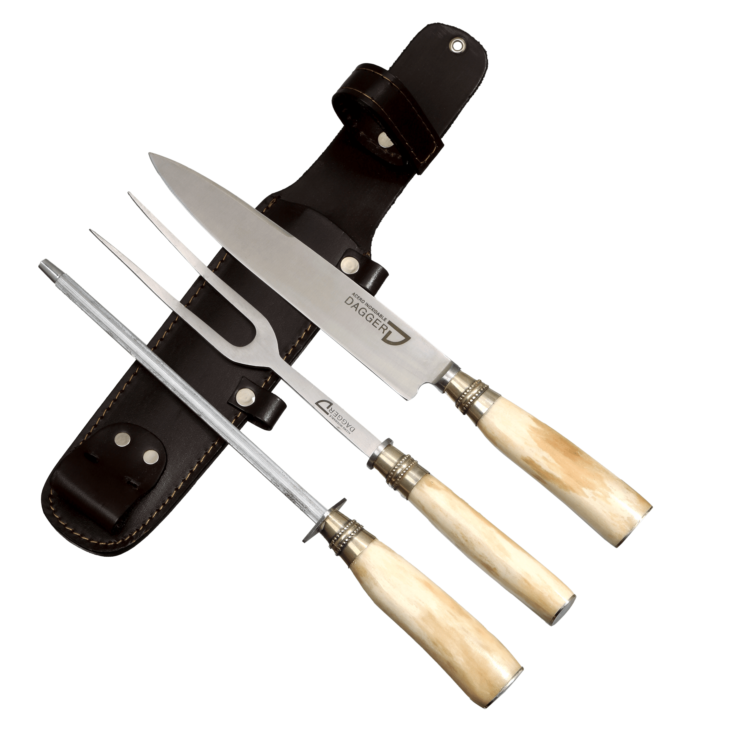 Juego De Trinchar Cabo Hueso de Potro y Virola de Alpaca con Chaira