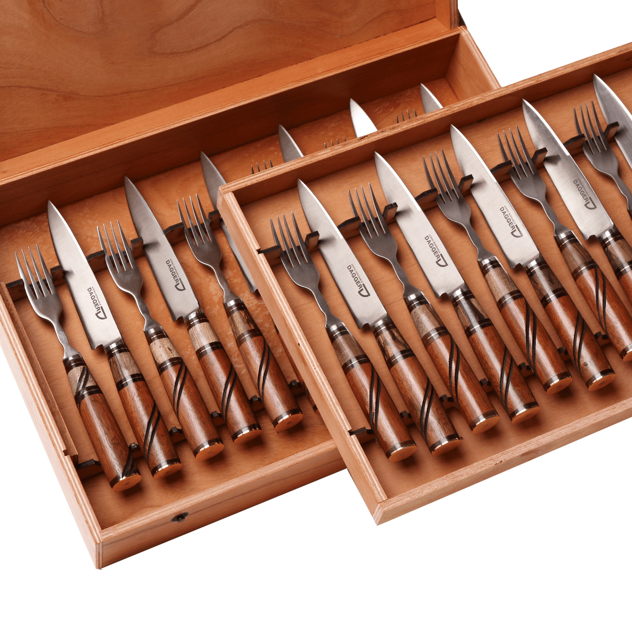 Set de 12 Juegos de Picnic Cabo Madera Combinada 14 cm en Caja de Cedro