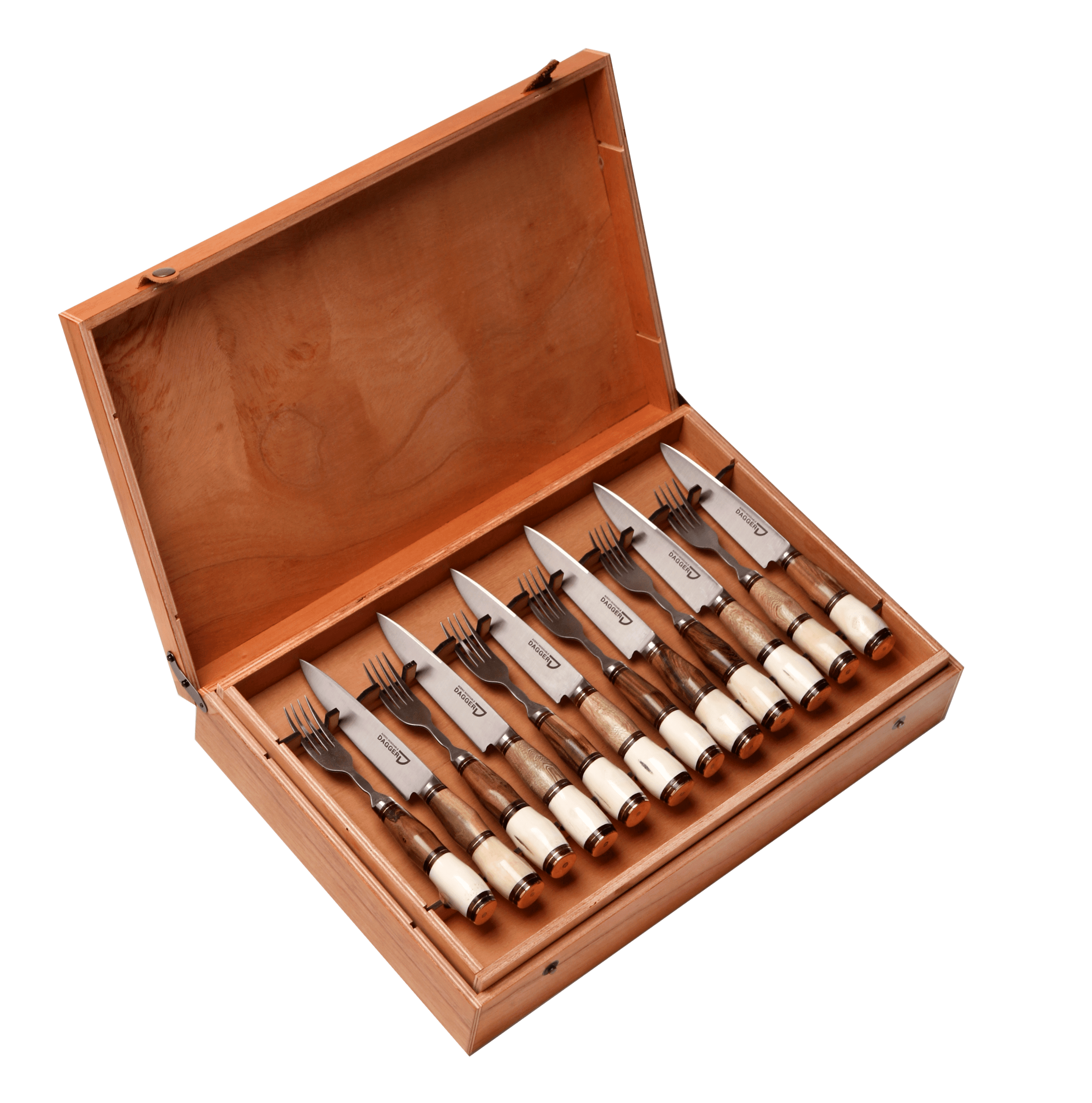 Set de 12 Juegos de Picnic Cabo Hueso y Madera 14 cm en Caja de Cedro