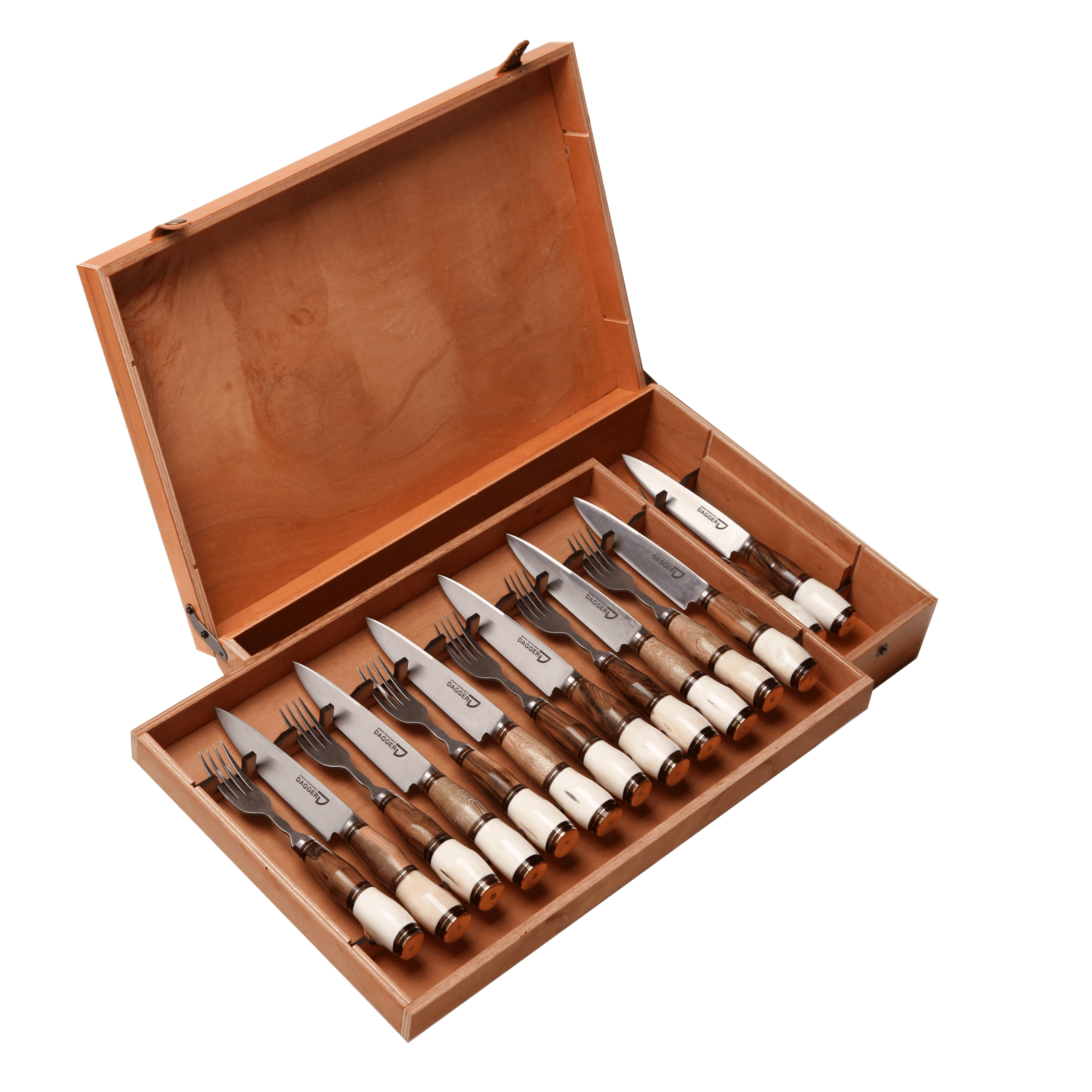 Set de 12 Juegos de Picnic Cabo Hueso y Madera 14 cm en Caja de Cedro