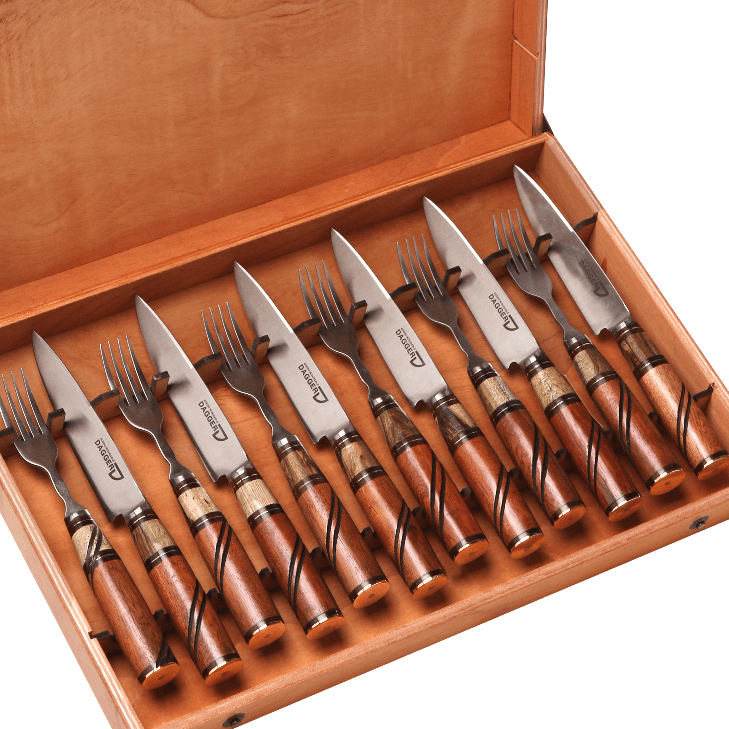 Set de 6 Juegos de Picnic Cabo Madera Combinada 14 cm en Caja de Cedro