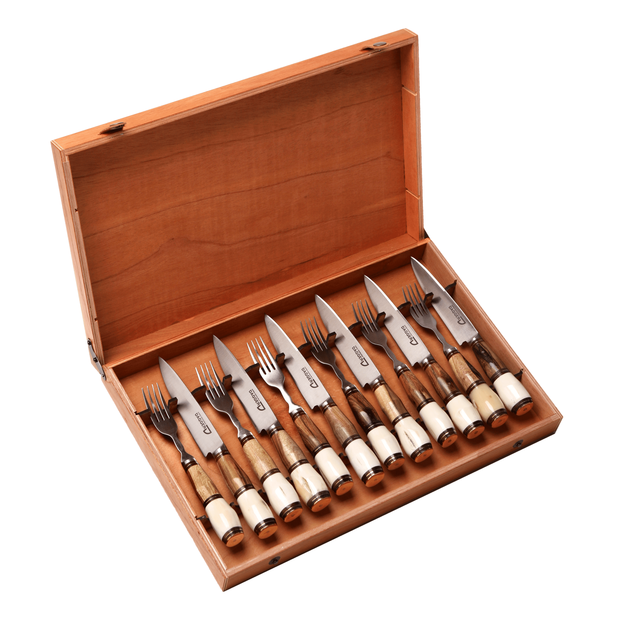 Set de 6 Juegos de Picnic Cabo Hueso y Madera 14 cm en Caja de Cedro