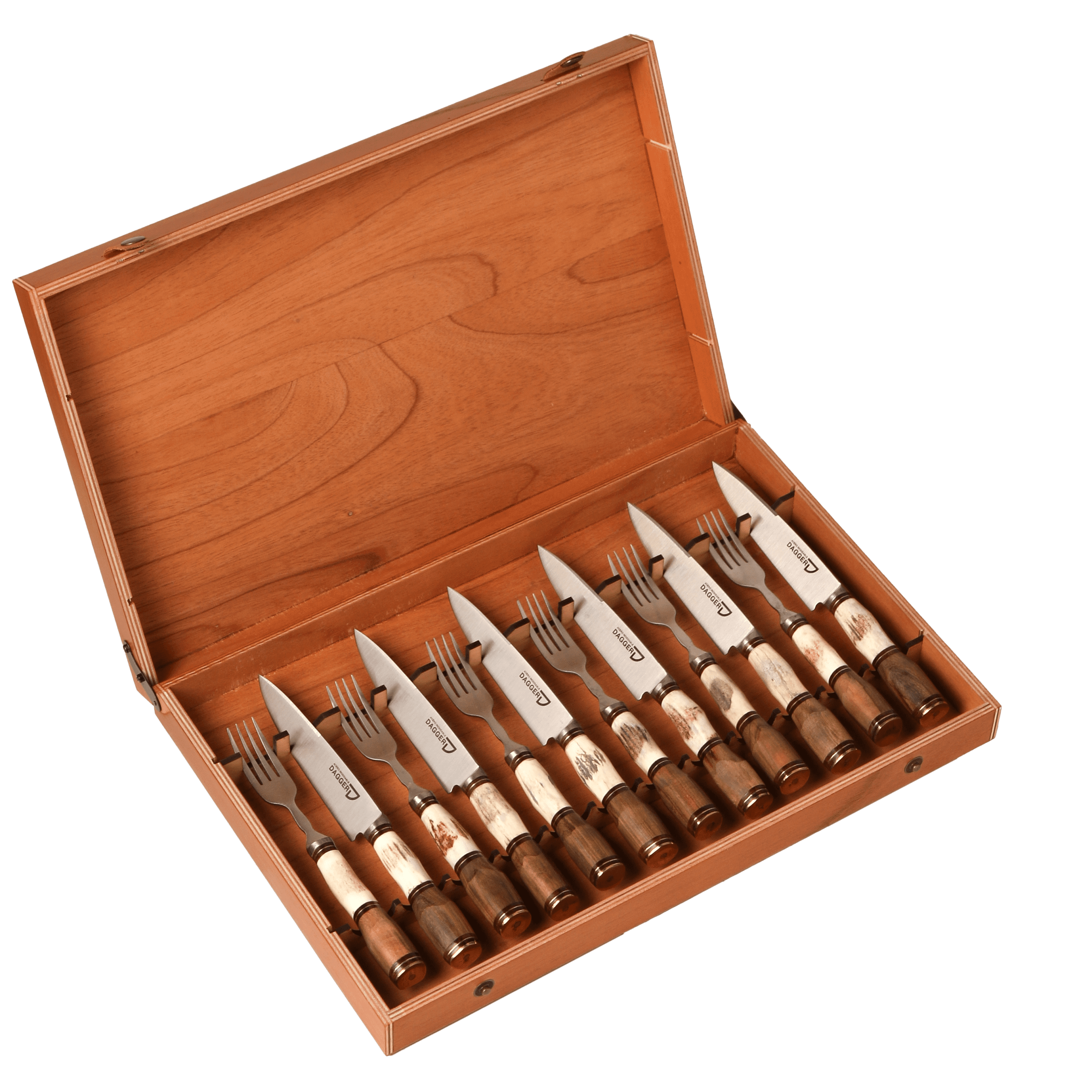 Set de 6 Juegos de Picnic Cabo Ciervo y Madera 14 cm en Caja de Cedro