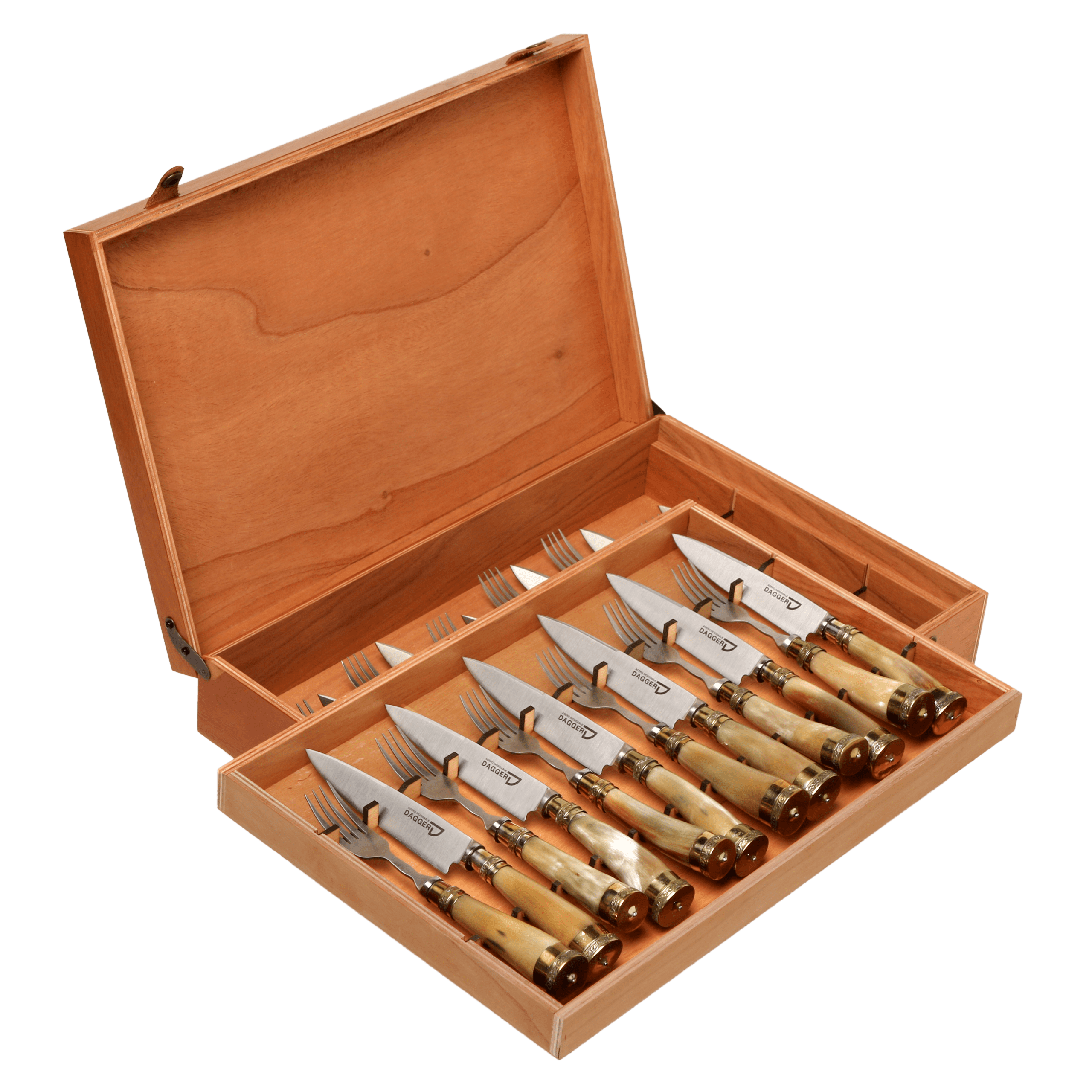 Set de 12 Juegos de Picnic Cabo Asta de Vaca con Virolas de Alpaca 14 Cm en Caja de Cedro