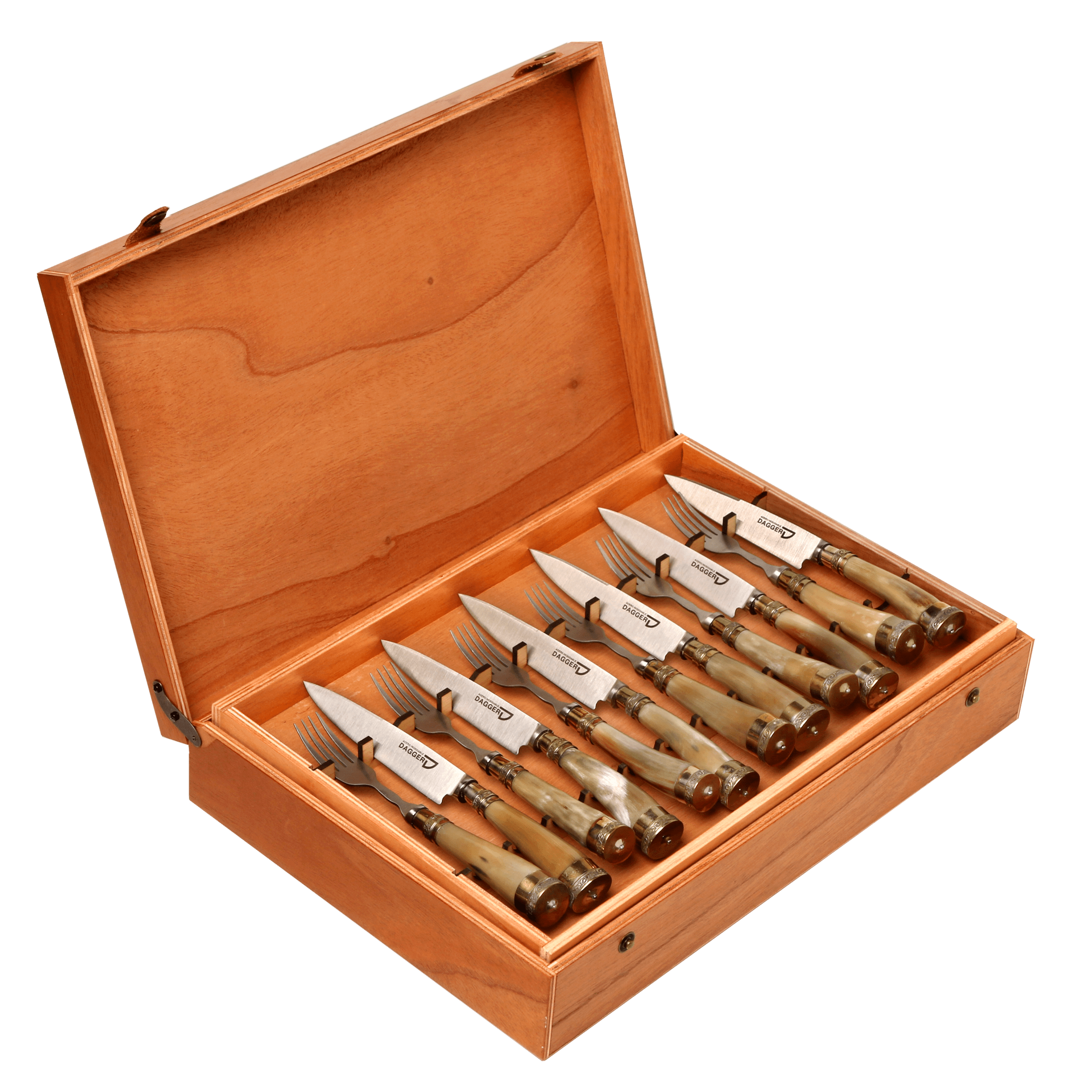 Set de 12 Juegos de Picnic Cabo Asta de Vaca con Virolas de Alpaca 14 Cm en Caja de Cedro