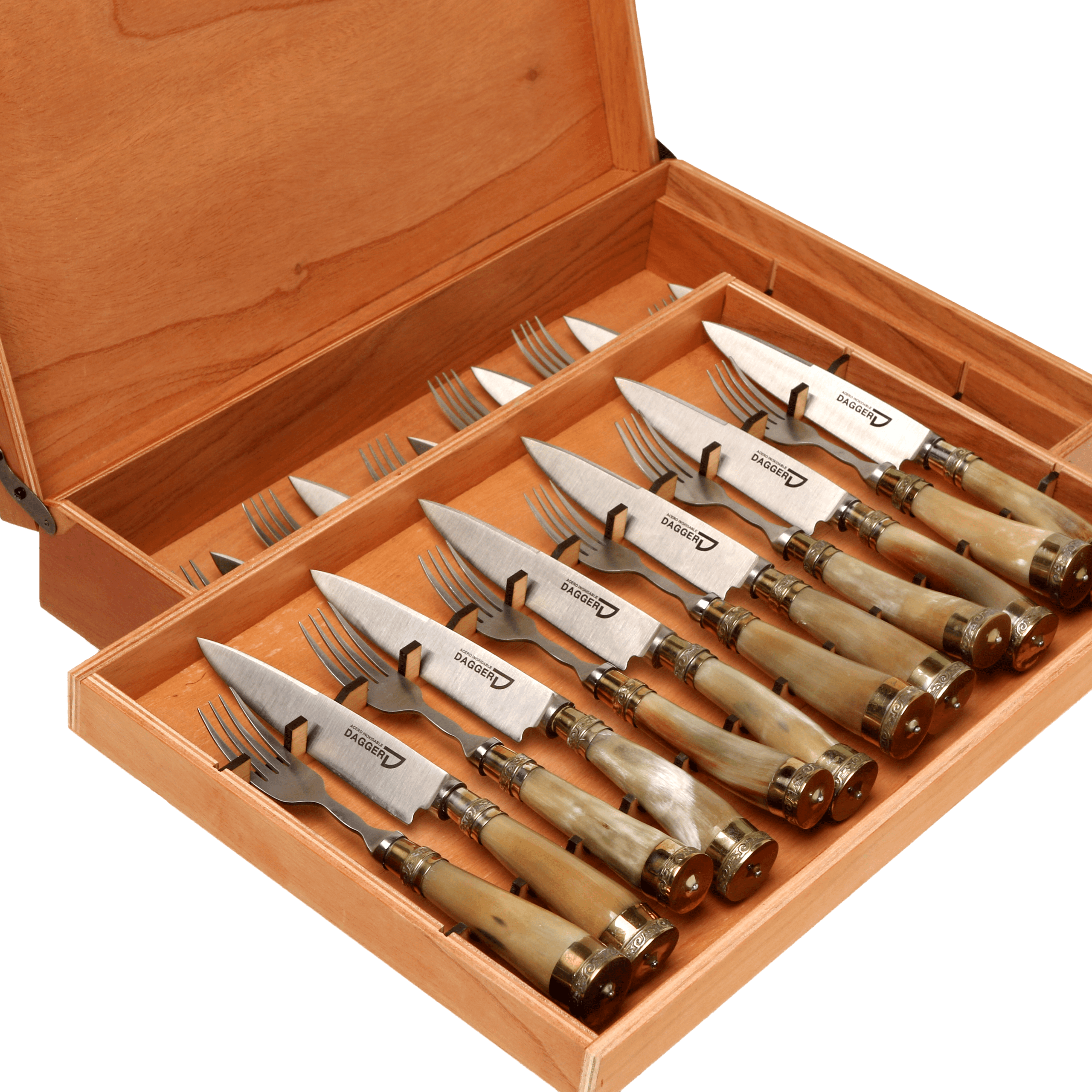 Set de 12 Juegos de Picnic Cabo Asta de Vaca con Virolas de Alpaca 14 Cm en Caja de Cedro