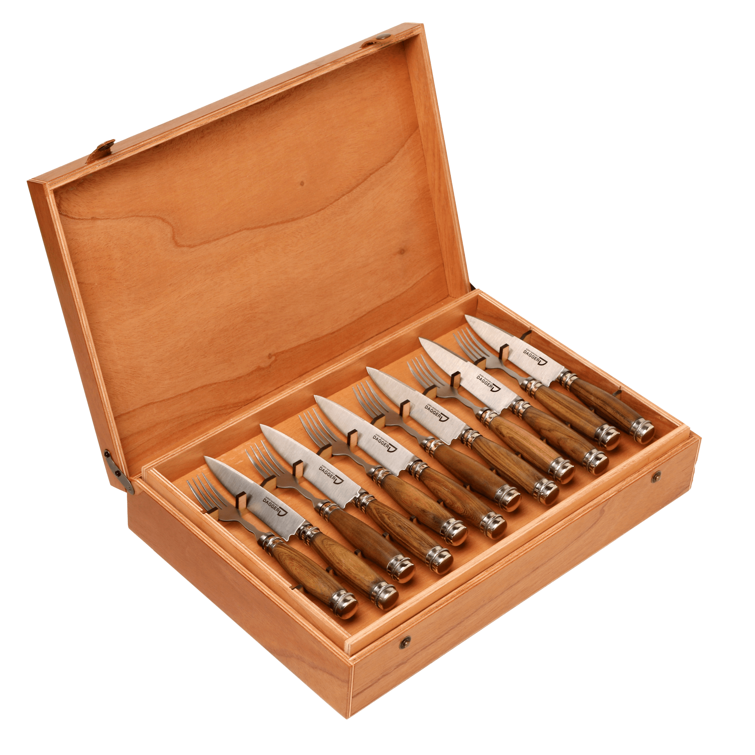 Set de 12 Juegos de Picnic Cabo Madera con Adorno de Alpaca 14 Cm en Caja de Cedro