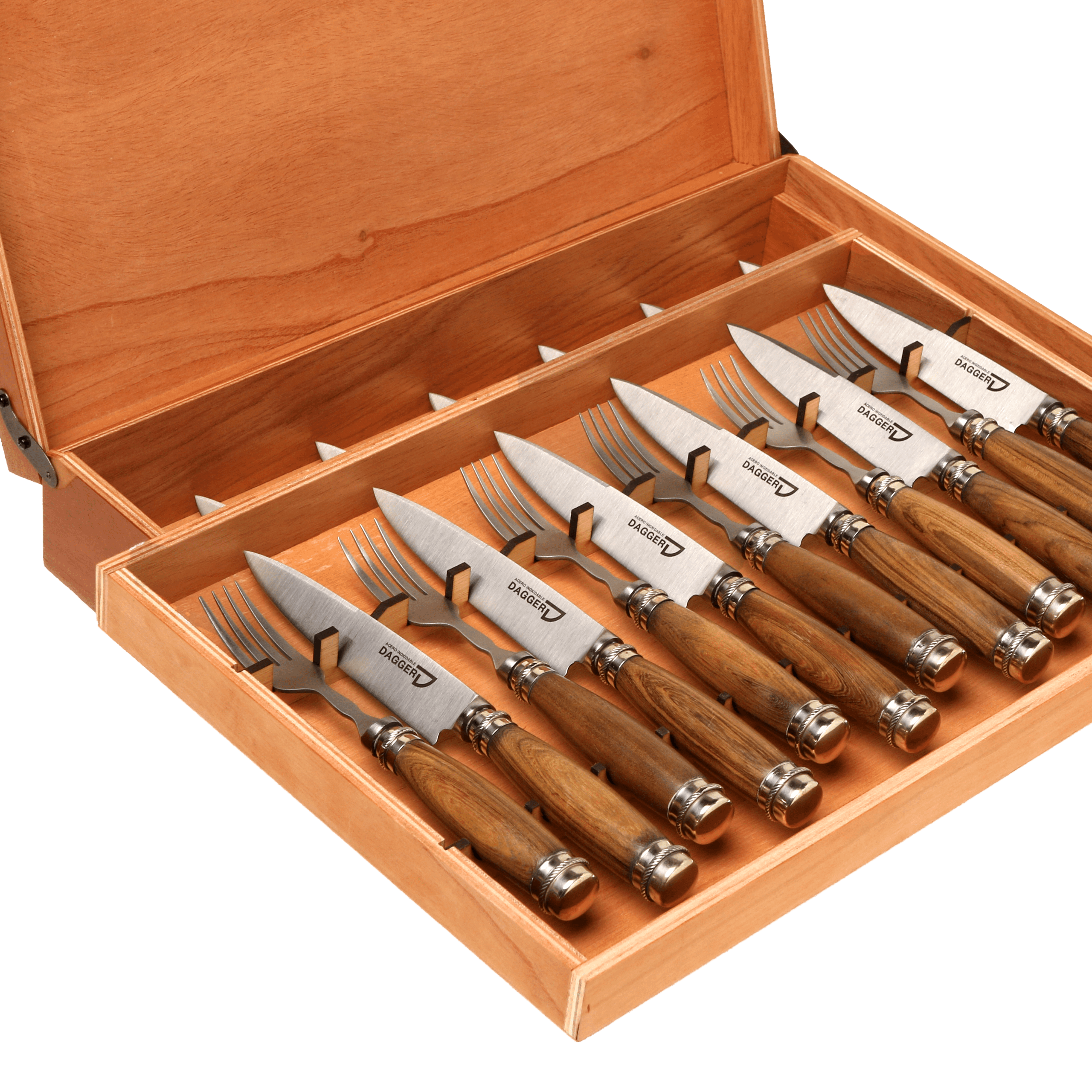 Set de 12 Juegos de Picnic Cabo Madera con Adorno de Alpaca 14 Cm en Caja de Cedro