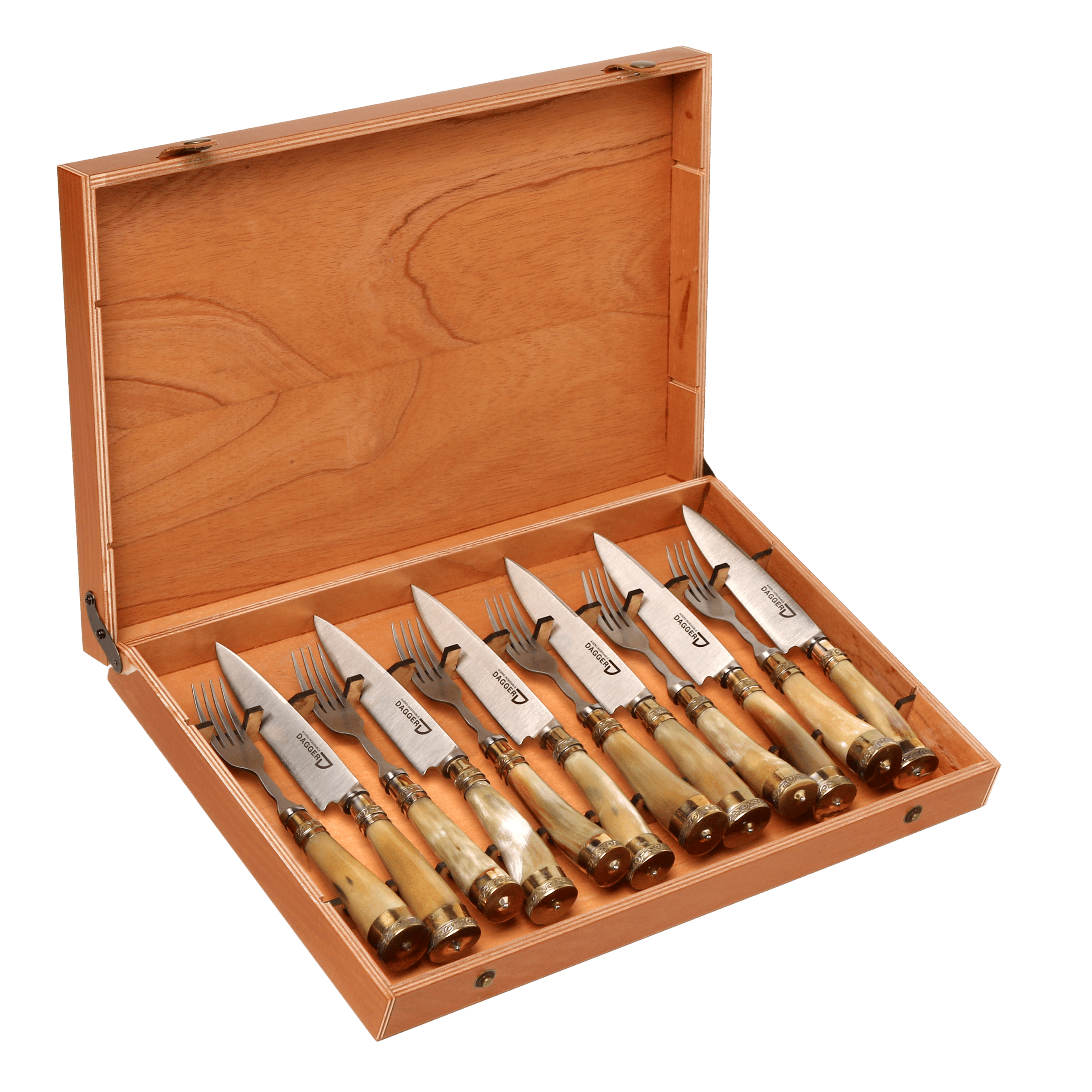 Set de 6 Juegos de Picnic Cabo Asta de Vaca con Virolas de Alpaca 14 Cm en Caja de Cedro