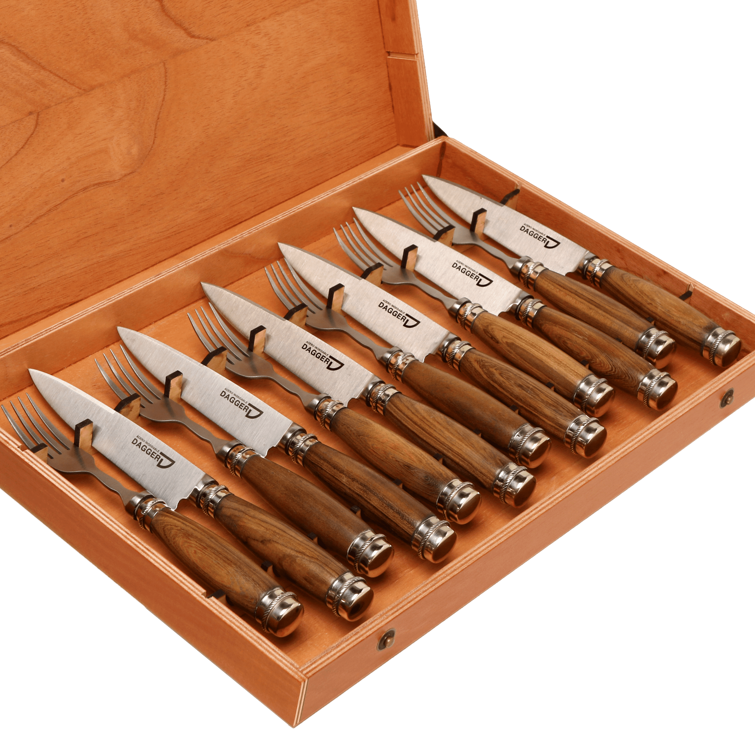 Set de 6 Juegos de Picnic Cabo Madera con Adorno de Alpaca 14 Cm en Caja de Cedro