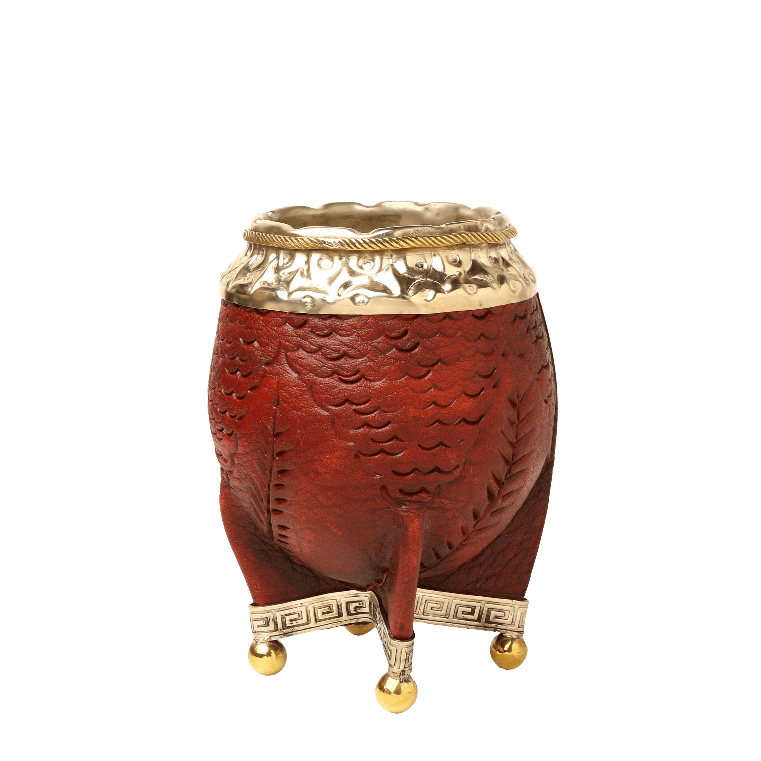 Mate Torpedo con Cuero Tallado y Virola Cincelada y Patas de Alpaca