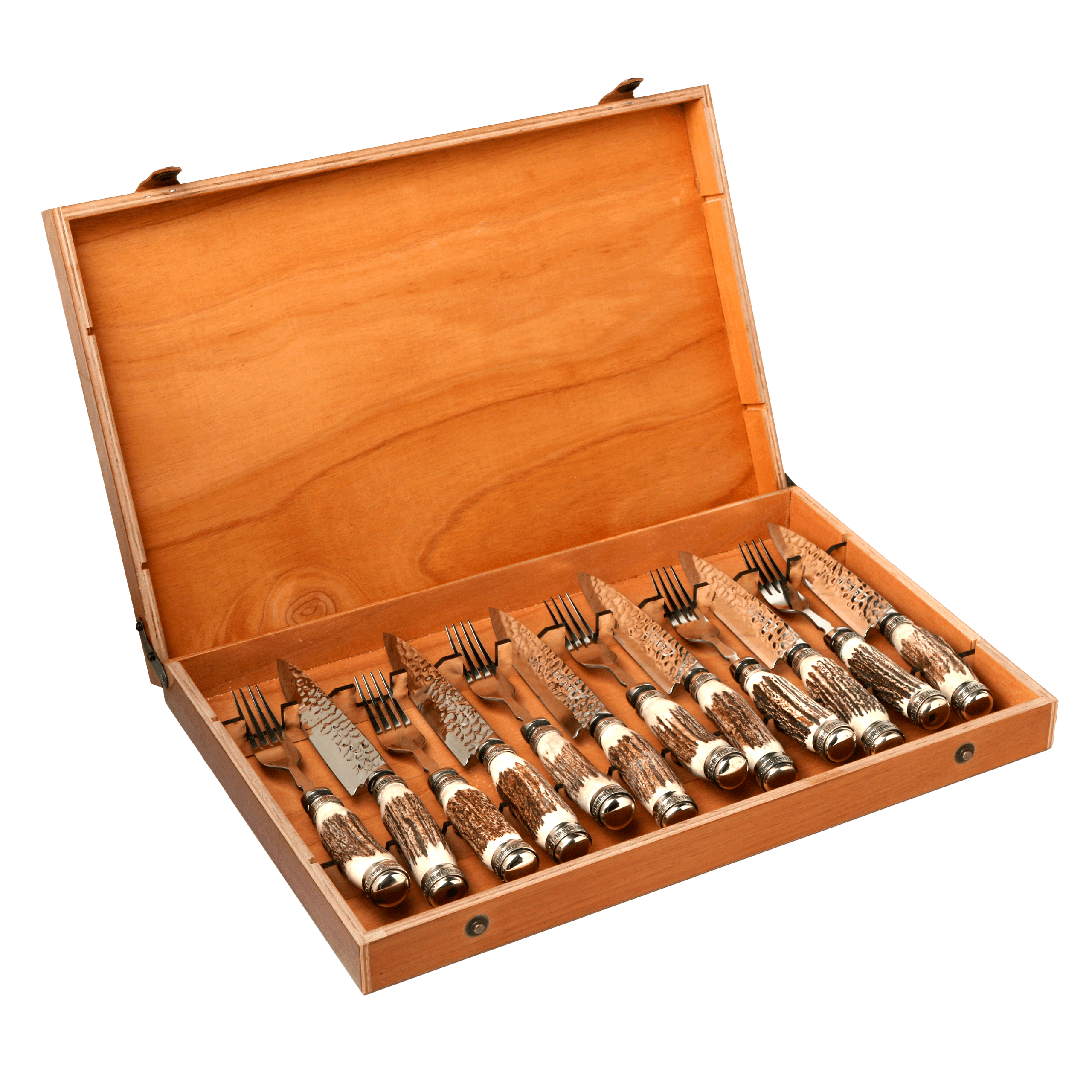 Set de 6 Juegos de Picnic Hoja Martillada con Cabo Asta de Ciervo y Virolas de Alpaca 14 Cm en Caja de Cedro