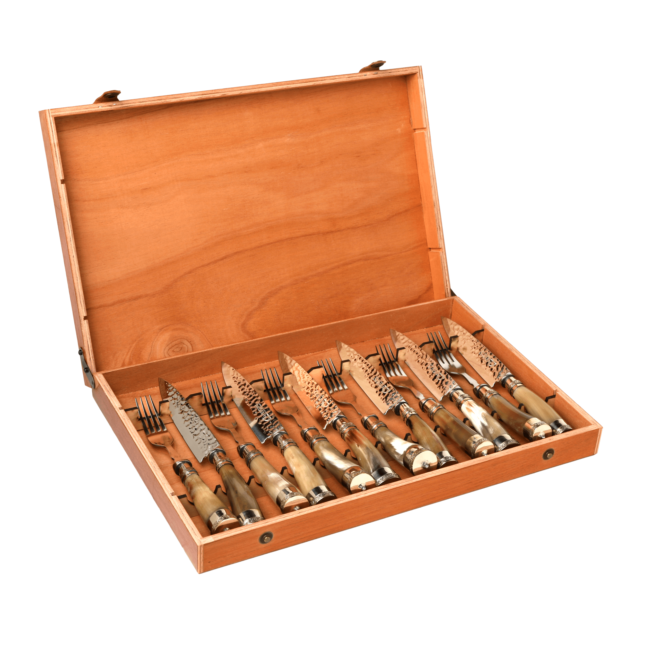 Set de 6 Juegos de Picnic Hoja Martillada con Cabo Asta de Vaca y Virolas de Alpaca 14 Cm en Caja de Cedro