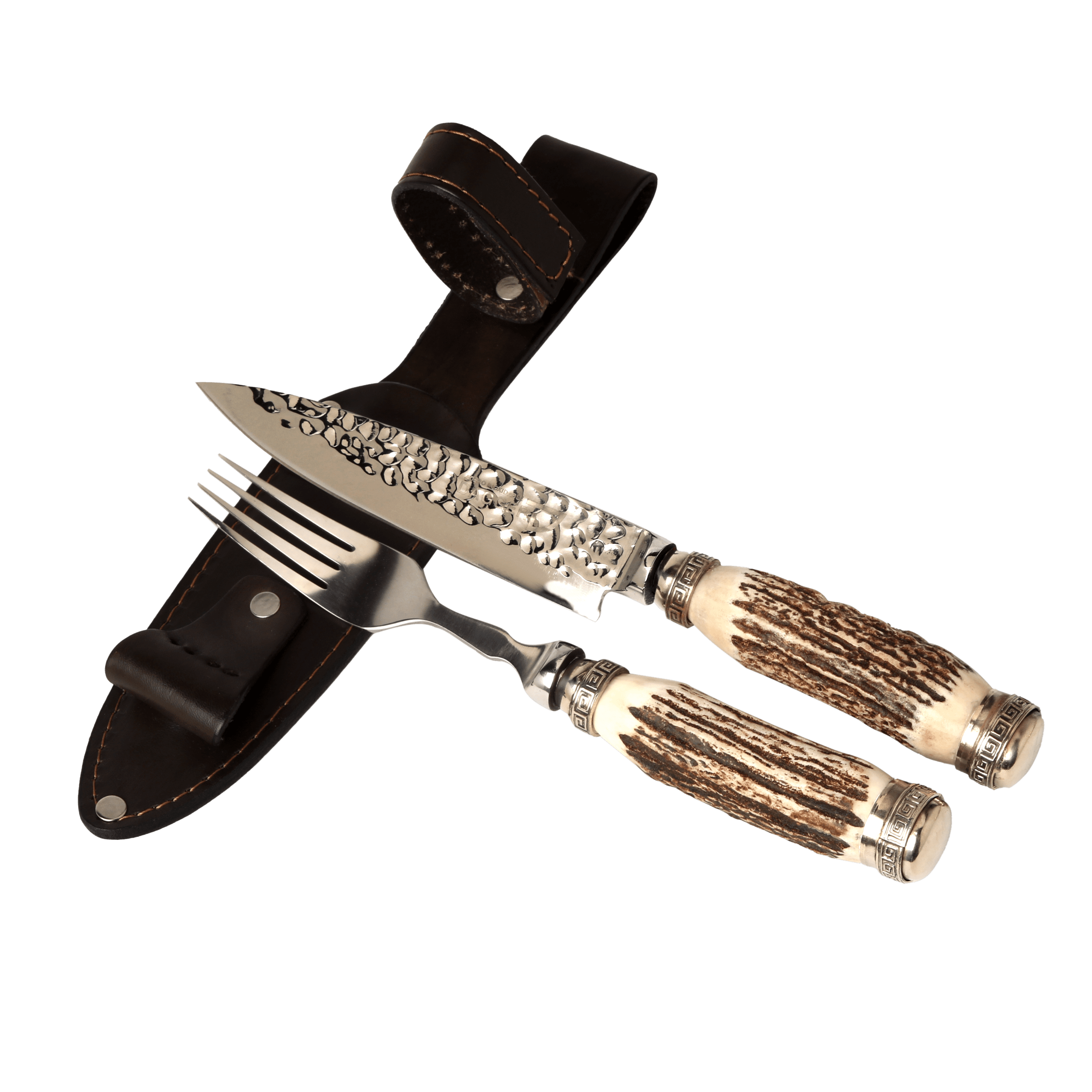 Juego de Picnic con Hoja Martillada Cabo Asta de Ciervo y Alpaca Doble Virola