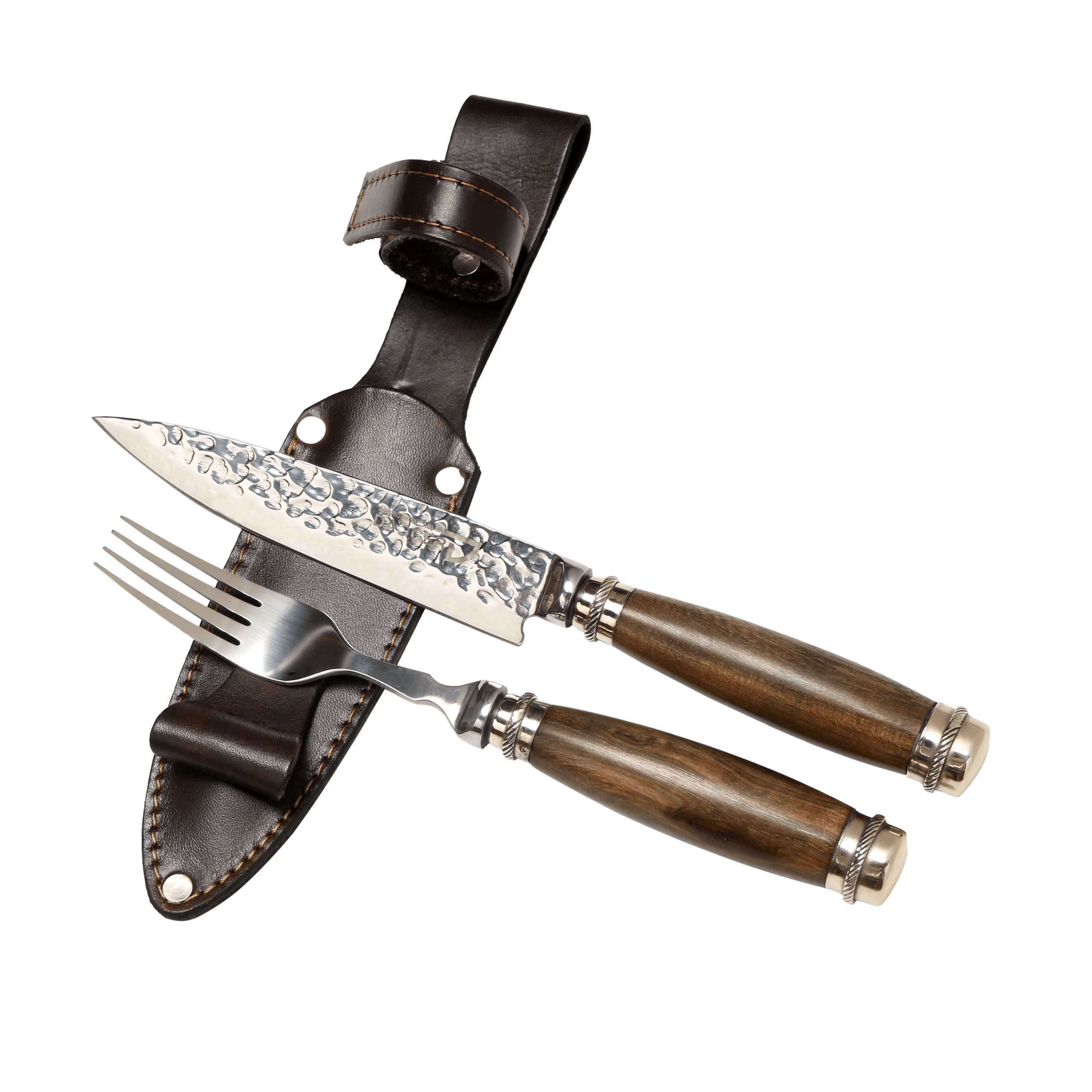 Juego de Picnic con Hoja Martillada Cabo Madera y Alpaca Doble Virola